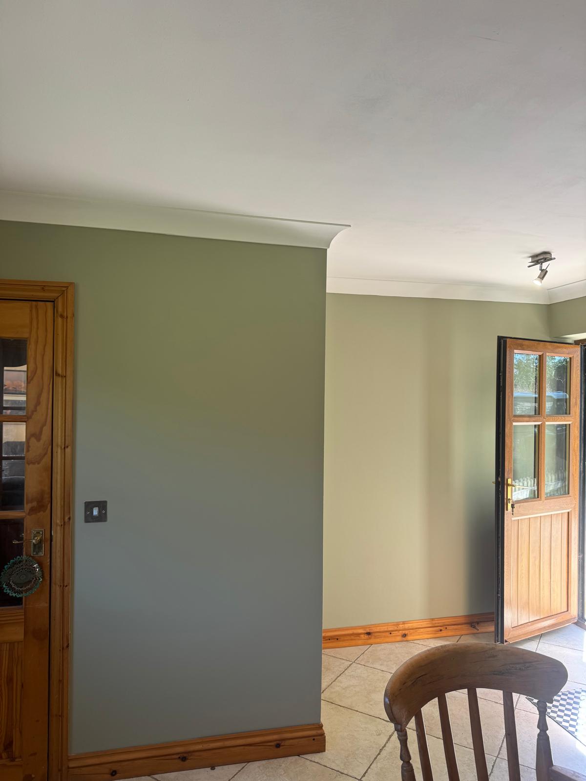 Living area with sage green feature wall