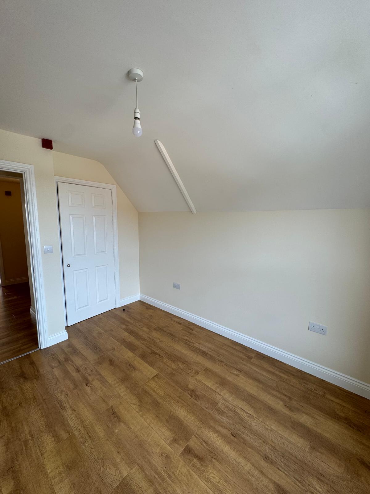 Room with cream walls, flooring and pendant light